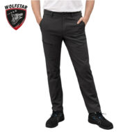 Man wearing dark grey tactical pants with front pockets and reinforced knee seams; Wolfstar logo appears in the top-left corner.