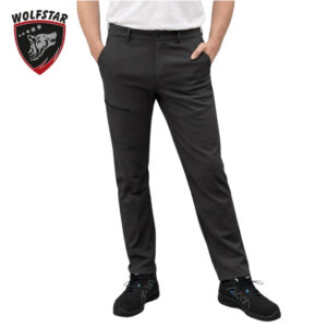Man wearing dark grey tactical pants with front pockets and reinforced knee seams; Wolfstar logo appears in the top-left corner.