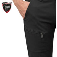 Close-up of black athletic pants with a zippered side pocket and a hand in the pocket; Wolfstar logo in the corner.