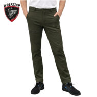 Men's olive green jogger-style pants with knee seam details, paired with black athletic shoes; Wolfstar logo in top-left corner as branding.