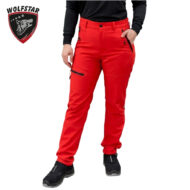 Model wearing red outdoor pants with black zip pockets and a black top; Wolfstar logo appears in the top left corner