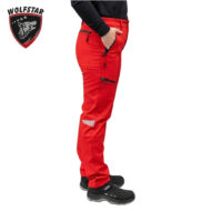 Side view of bright red outdoor pants with zip pockets and a reflective knee patch.