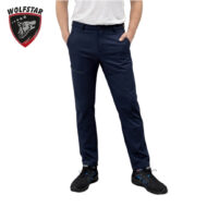 Person wearing navy athletic pants with a white T-shirt; front pockets visible, model shoes black sneakers; Wolfstar logo shield in the top-left corner.