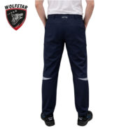 Rear view of navy athletic pants with belt loops and reflective knee panels, paired with a white shirt; Wolfstar logo in the top-left corner.