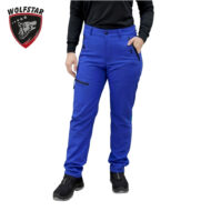 Royal blue hiking pants with zippered pockets, shown with black sneakers; Wolfstar logo in top-left corner.