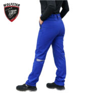 Back view of a person wearing bright blue outdoor pants with zip pockets and black hiking shoes against a white background; Wolfstar logo in the top-left corner.