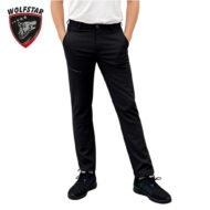 Black athletic pants with a zip pocket and tapered legs, worn with a white top and black sneakers; Wolfstar logo in the top-left corner.