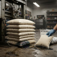 Stack of beige pillows beside an absorbent bag in a workshop; a gloved hand places a pillow near a spilled liquid by heavy machinery.