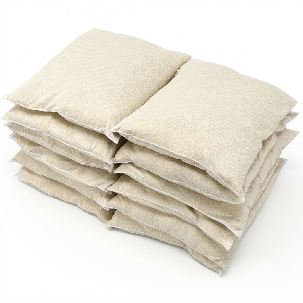 Stack of beige throw pillows on a white background (pillow collection).