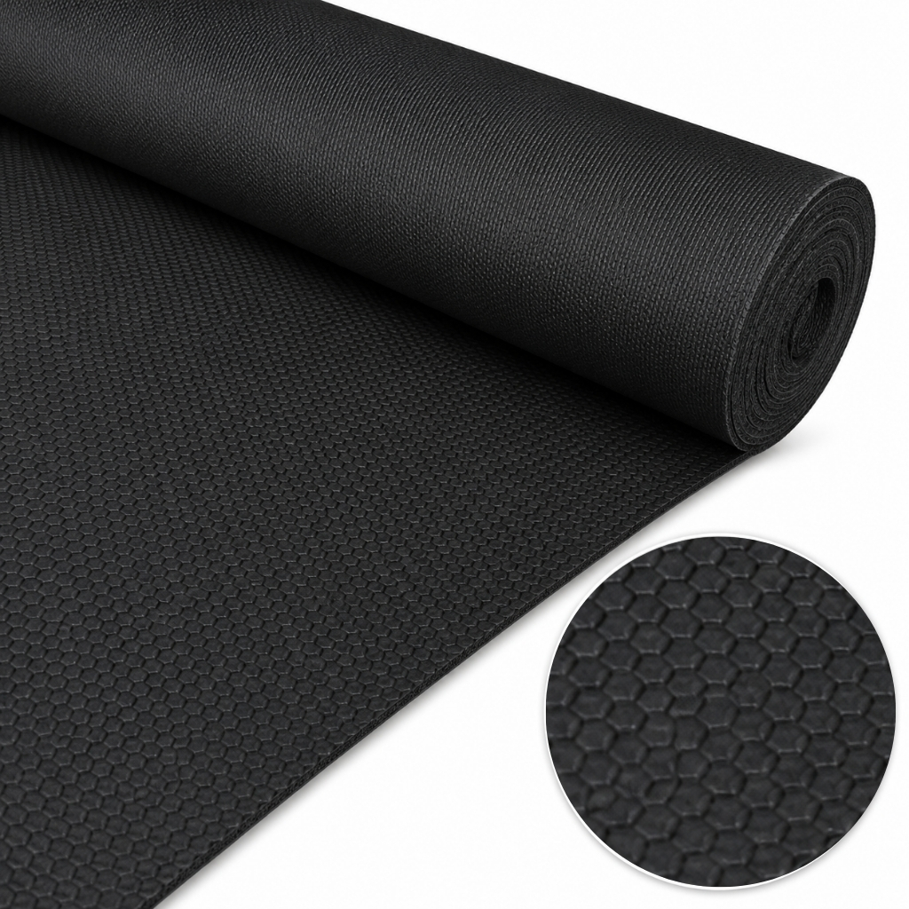 Rolled black anti-slip mat with hexagonal honeycomb texture.