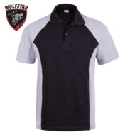 Black polo shirt with a black center panel and light gray side panels, short sleeves, and a two-button placket, displayed on a white background with a Wolfstar logo in the top-left corner.