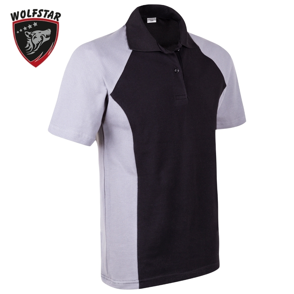 Color-block polo shirt with black front panels and light gray side panels, short sleeves, on white background, Wolfstar logo in corner.