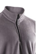 Close-up of a gray fleece jacket with a black half-zipper and high collar