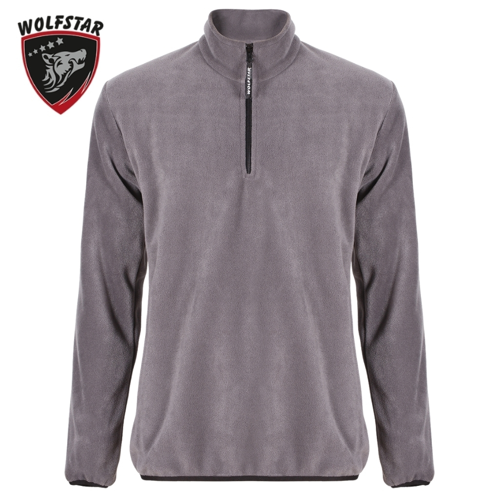 Gray fleece pullover with a short zip and stand-up collar, shown on white; Wolfstar logo in the top-left corner.