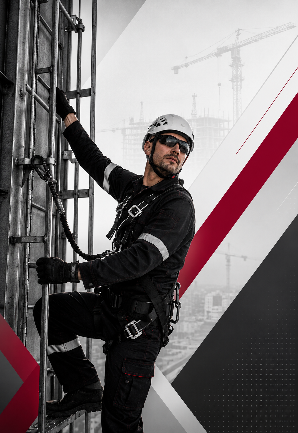 Construction worker wearing a helmet and safety harness climbs a metal scaffold at an urban building site.