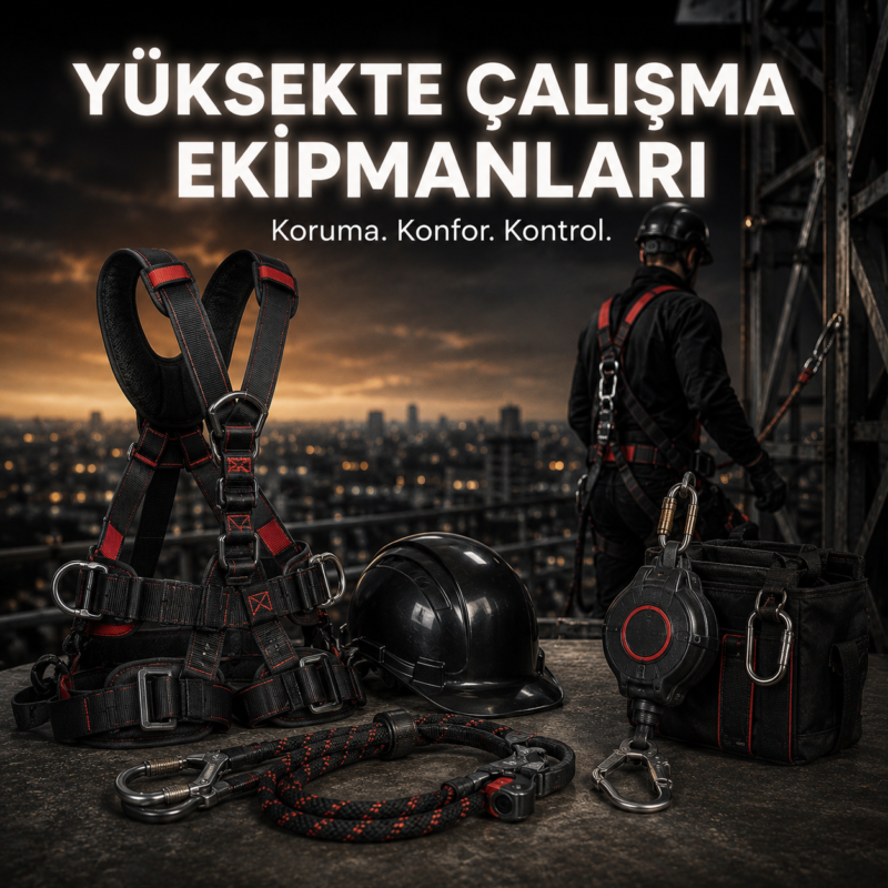 Safety gear for working at height laid out in the foreground—harness, helmet, rope and carabiners—with a worker on scaffolding in the background and Turkish headline about height safety equipment.