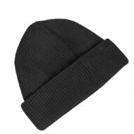 Black ribbed knit beanie with a folded cuff.