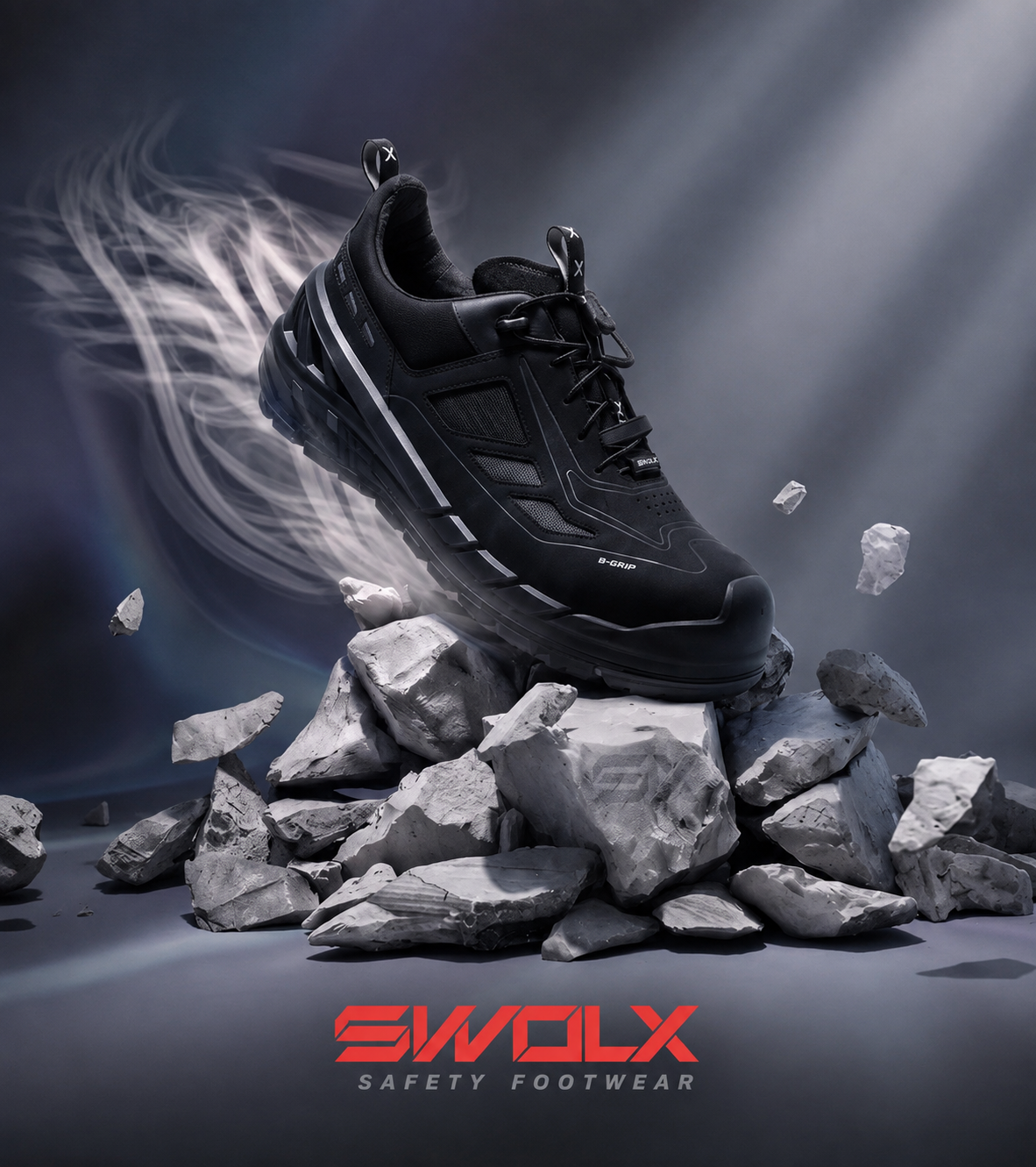 Black SWOLX safety boot suspended above a jagged rock pile, dramatic lighting and smoke in the background, logo visible in red at the bottom edges of the image.