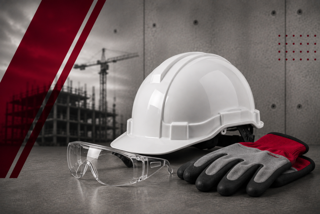 White construction hard hat, clear safety goggles, and red gloves on a work surface with a building site and crane in the background.