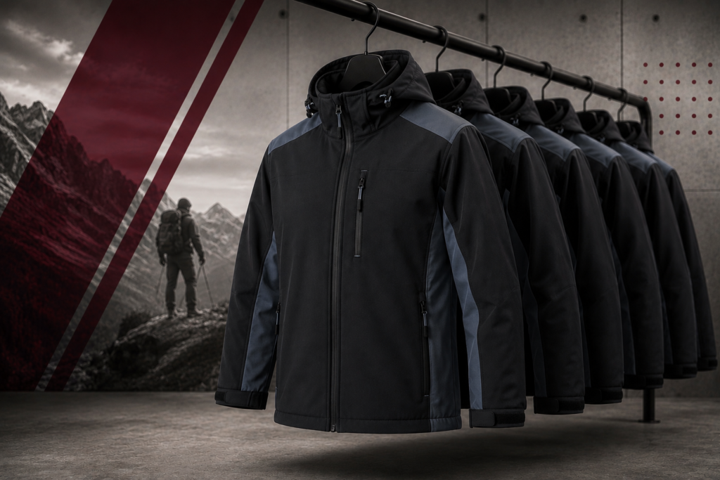 Row of black outdoor jackets with blue-gray panels on hangers, displayed against a mountainous backdrop representing outdoor gear