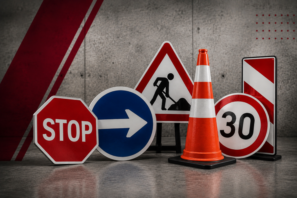 Stop sign, blue right-arrow sign, construction warning sign, traffic cone, 30 sign, and striped barrier on a concrete floor indicating roadwork area