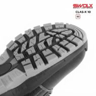 Close-up of the rugged tread sole on a black shoe, with SWOLX Clas-X 10 S2 logo in the top-right corner.