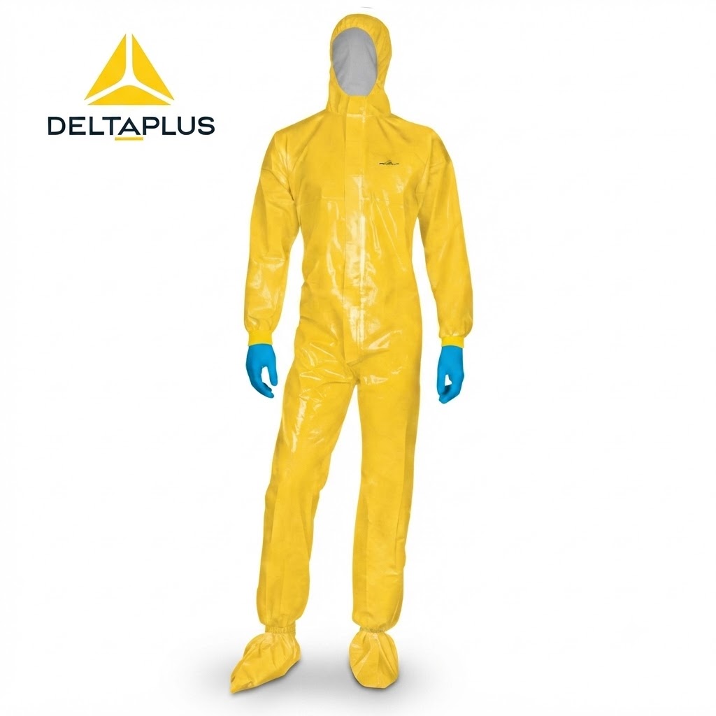 Full-body yellow hazmat suit with hood, blue gloves, and boot covers, used for chemical or hazardous environments (DeltaPlus logo shown)