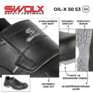 Close-up of a black SWOX safety shoe with a Velcro strap, highlighting adjustable strap and leather upper.