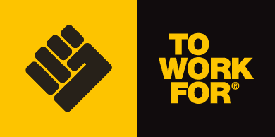 Logo: yellow left panel with a raised black fist; black right panel with yellow 'TO WORK FOR' text.