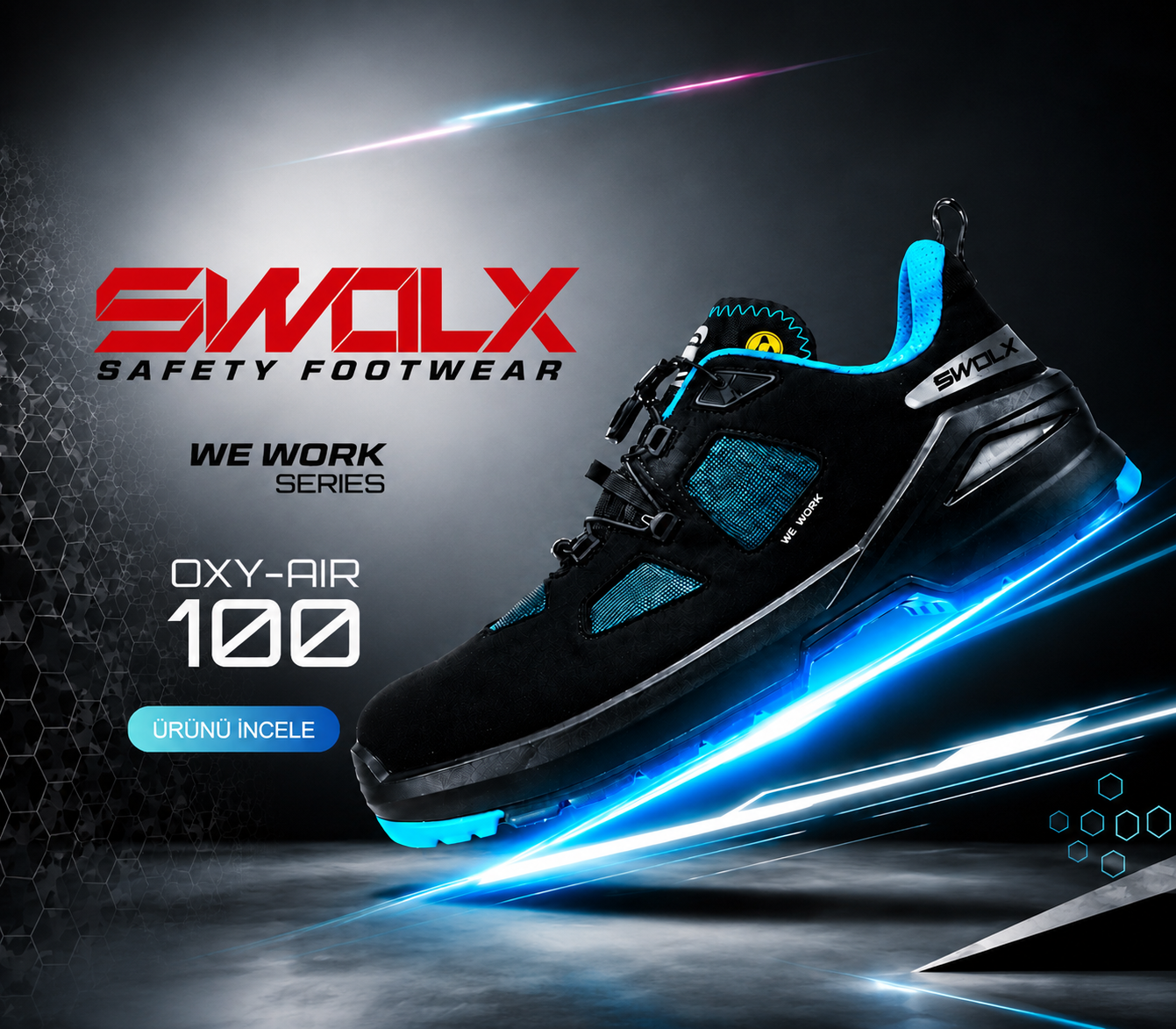 Black-and-blue SWOLX OXY-AIR 100 safety shoe with a glowing blue sole, shown at a dynamic angle in a futuristic ad backdrop featuring 'WE WORK SERIES' and a blue call-to-action.
