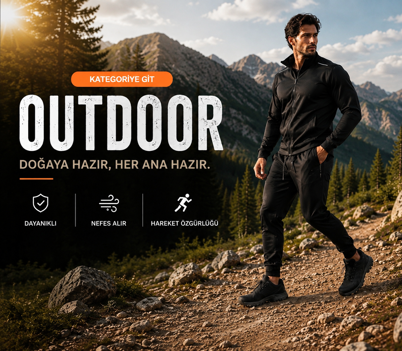 Man in black athletic wear on a rocky mountain trail with the word OUTDOOR; highlights durability, breathability, and freedom of movement.