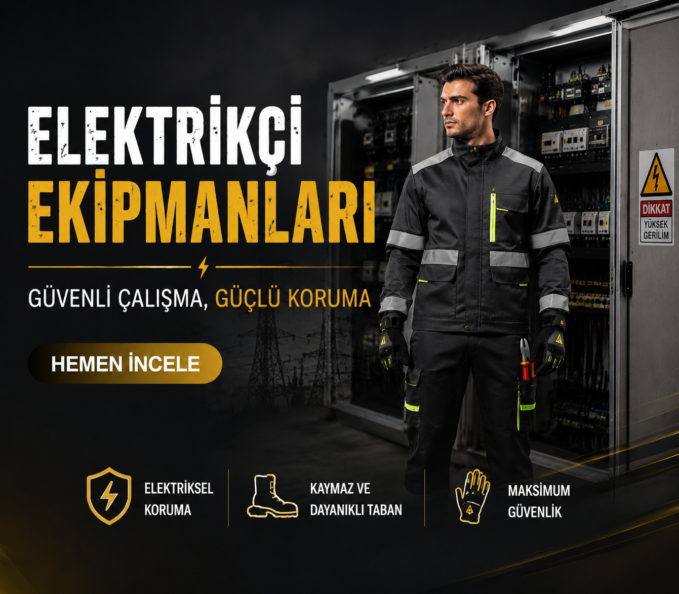 Elektrikçi ekipmanları reklamı: güvenlikli iş kıyafetiyle erkek elektrikçi, açık elektrik panelinin önünde duruyor; 'HEMEN İNCELE' çağrısı mevcut.
