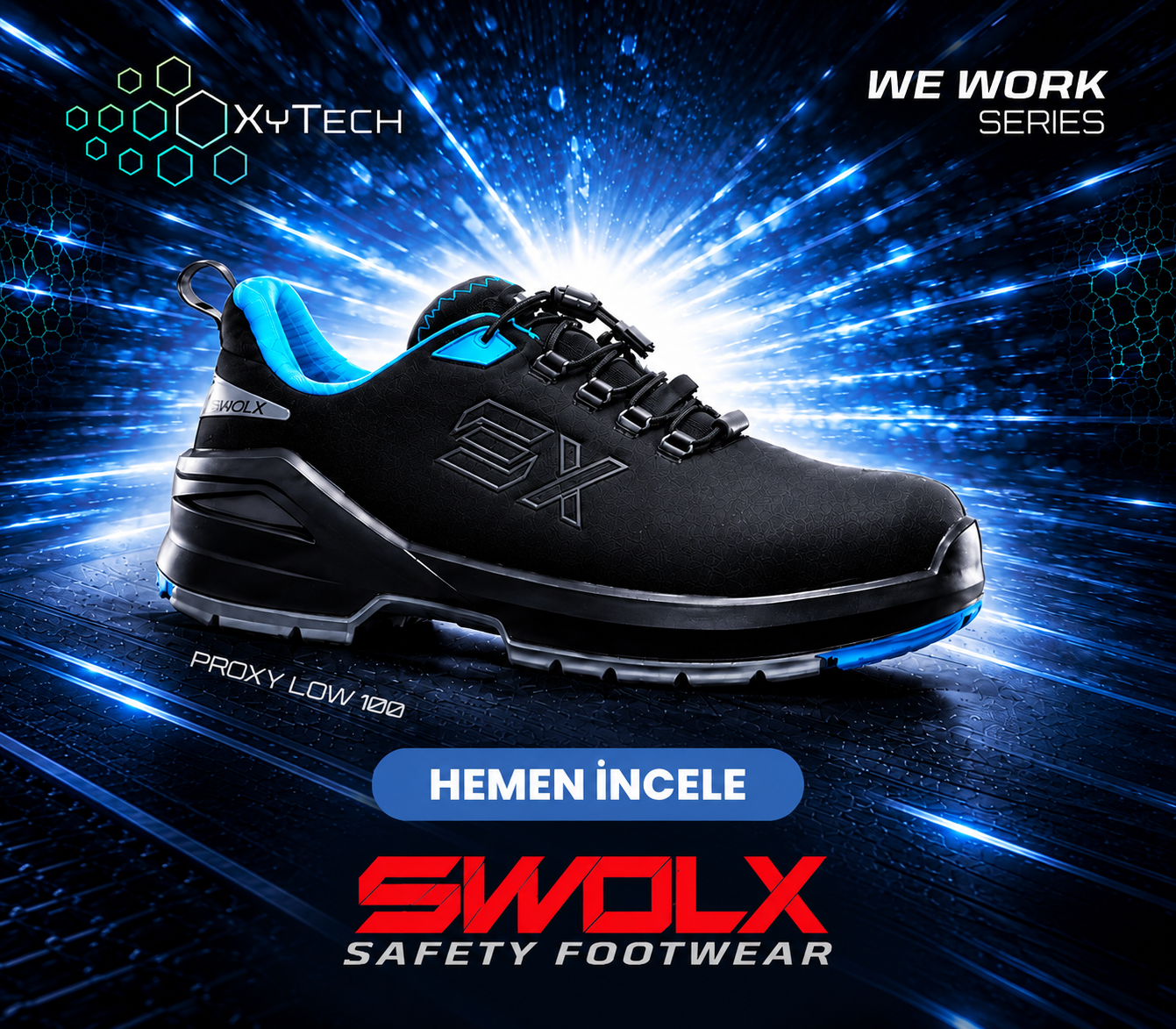 Black SMOLX Proxy Low 100 safety shoe with blue lining on a futuristic blue background; includes Turkish 'Hemen İncele' CTA.