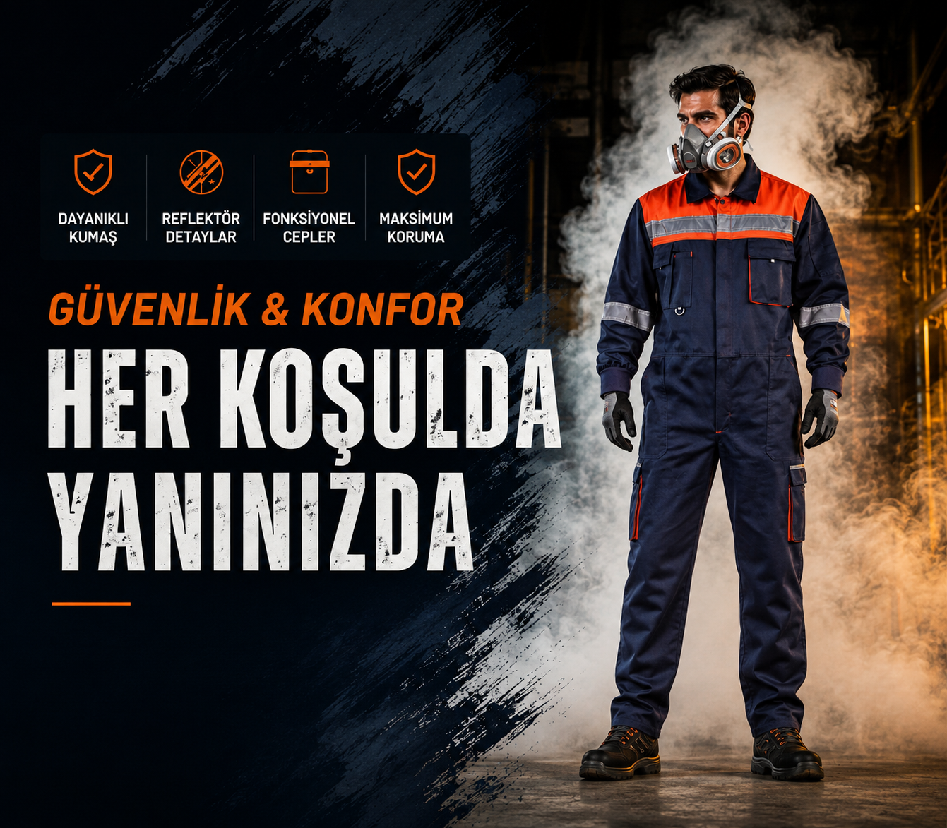 Gaz maskeli, koruyucu tulumlu bir çalışanla güvenlik afişi; arka planda büyük beyaz yazılar 'HER KOŞULDA YANINIZDA' ve turuncu vurgu.