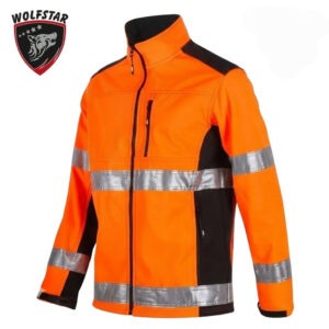 High-visibility orange safety jacket with black side panels and wide silver reflective bands around chest and sleeves; front zipper, stand collar, and chest pocket; Wolfstar logo in the top-left corner.