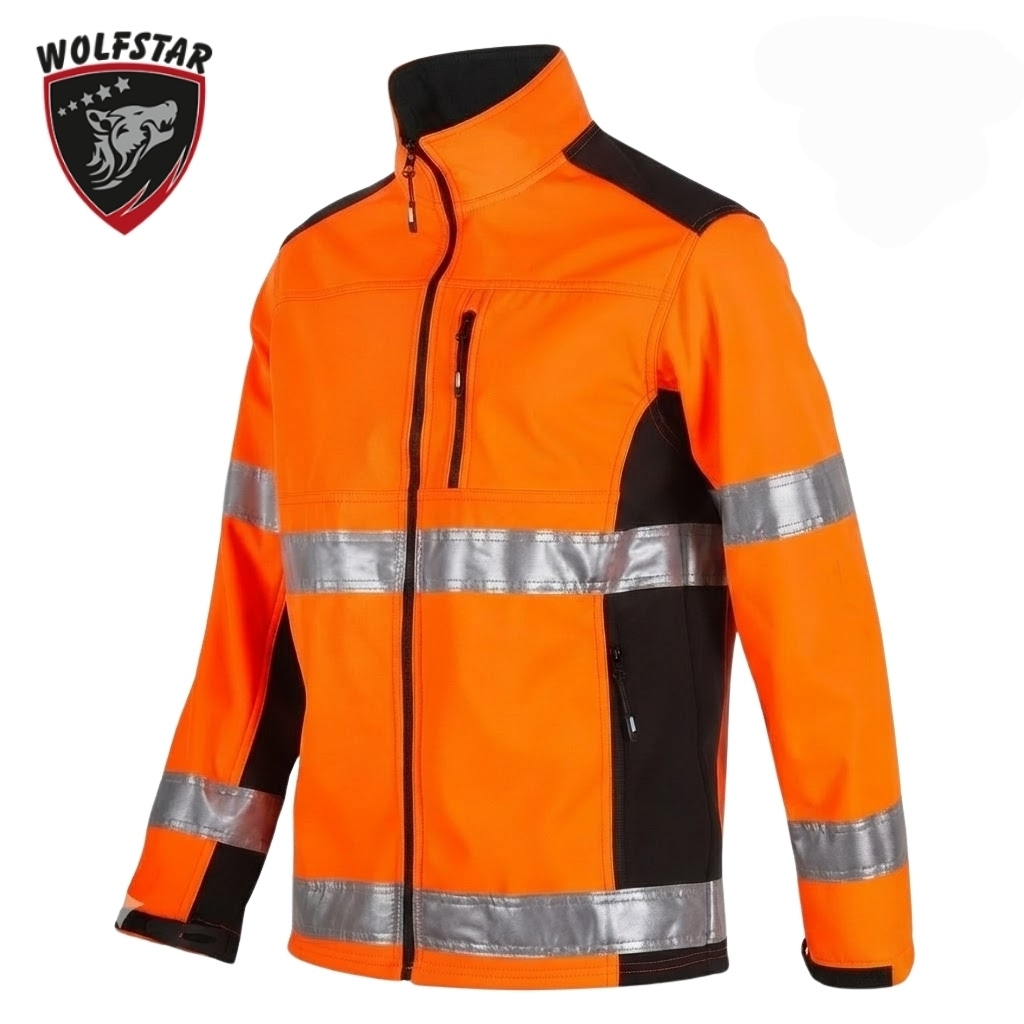 High-visibility orange safety jacket with black side panels and wide silver reflective bands around chest and sleeves; front zipper, stand collar, and chest pocket; Wolfstar logo in the top-left corner.
